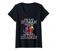 Womens Fun Dragons Humor This is My Human Costume Halloween Dragon V-Neck T-Shirt