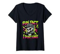 Womens Fun Fact I Don't Care Cute Sarcastic Graffiti Skull Art Boys V-Neck T-Shirt