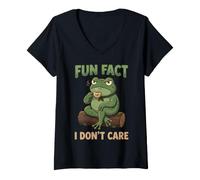Women's Fun Fact I Don't Care Grumpy Frog Sipping Tea Retro V-Neck T-Shirt
