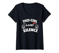 Women's Fun Graphic-This Girl Loves Silence...2 Thumbs Pointing V-Neck T-Shirt