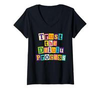 Women's Fun Motivational Trust the Delulu Process Ransom Note Letter V-Neck T-Shirt