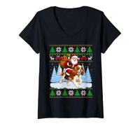 Women's Fun Santa Riding Cavalier King Charles Spaniel Dog Christmas V-Neck T-Shirt
