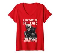 Womens Fun Skeleton I Just Want to Pet Cats and Watch Horror Movies V-Neck T-Shirt