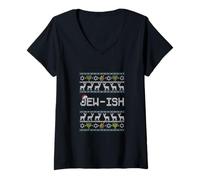 Womens Fun Ugly Hanukkah Sweater Jew-ish Santa hat Merry Christmas V-Neck T-Shirt