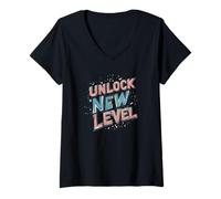 Womens Fun Unlock New Level Speech Costume for Adults and Kids V-Neck T-Shirt