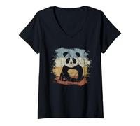 Women's Funky Cute 80s Retro Panda Bear Silhouette V-Neck T-Shirt