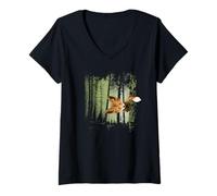 Women's Funky Fox in Casual Twilight Forest V-Neck T-Shirt