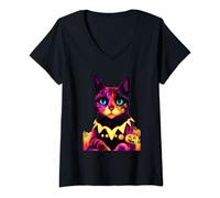 Womens Funky Halloween Cat V-Neck T-Shirt