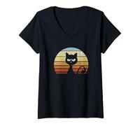 Womens Funky Retro Sunset Moody Cat Silhouette V-Neck T-Shirt