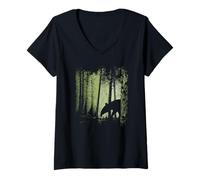 Womens Funky Stylish Tapir Silhouette in Twilight Jungle Forest V-Neck T-Shirt