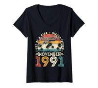 Womens Funny 34 Years Old Vintage November 1991 34th Birthday Men V-Neck T-Shirt