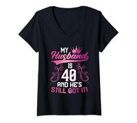 Womens Funny 40th Birthday My Husband is 40 and He's Still Got It V-Neck T-Shirt