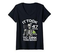 Women's Funny 47th Birthday Pickleball Skeleton Dink Joke 47 Years V-Neck T-Shirt