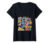 Womens Funny 80s 1980s Party Totally 80s Retro Turntable Cassette V-Neck T-Shirt