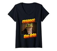 Women's Funny 90s Mall Portrait Frog Meme Respect The Drip Graphic V-Neck T-Shirt