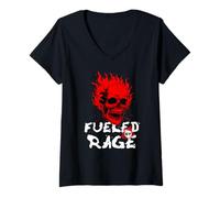 Womens Funny Adult Humor, Skull on Fire Fueled by Rage V-Neck T-Shirt