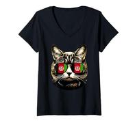 Womens Funny Afghan Cat Afghanistan Flag Sunglasses V-Neck T-Shirt
