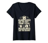 Womens Funny Alarm Clock & Deadlines Fear Procrastinator Humor V-Neck T-Shirt