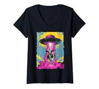 Womens Funny Alien Abduction Cow Meme This is Fine UFO Art V-Neck T-Shirt