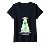 Women's Funny Alien Abduction Initiate Saucer Pickup I'm Done Here V-Neck T-Shirt