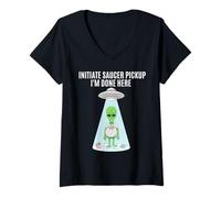 Women's Funny Alien Abduction Initiate Saucer Pickup I'm Done Here V-Neck T-Shirt