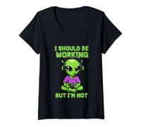 Womens Funny Alien Gamer I Should Be Working But I’m Not V-Neck T-Shirt