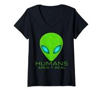 Women's Funny Alien Humans aren't Real Tee Cute UFO Space Gift V-Neck T-Shirt