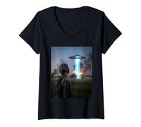 Women's Funny Alien Invasion UFO Alien Smoking Cigarette Drinking V-Neck T-Shirt