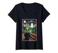 Women's Funny Alien UFO Abduction The Scream Painting V-Neck T-Shirt