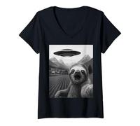 Womens Funny Alien UFO Sloth Abduction Selfie V-Neck T-Shirt