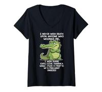 Womens Funny Alligator I Never Wish Death Upon Anyone Who Wrongs Me V-Neck T-Shirt