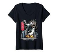 Womens Funny American Bull Terrier Dog Kaiju Monster Japanese V-Neck T-Shirt
