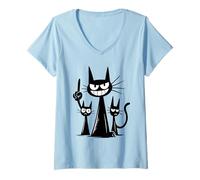 Womens Funny Angry Cat Gang Cartoon with Evil Smile V-Neck T-Shirt