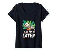 Women's Funny Animal Sloth Sleeping Saying I Can Fix It But Later V-Neck T-Shirt