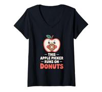Womens Funny Apple Picker Runs On Donuts Apple Orchard Fall Humor V-Neck T-Shirt