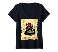 Women's Funny Après cat Ski eats Ramen Japanese Kawaii Skiing V-Neck T-Shirt