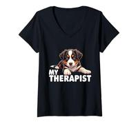 Womens Funny Aussie Puppy My Therapist Australian Shepherd Dog V-Neck T-Shirt