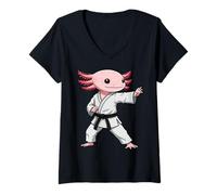 Women's Funny Axolotl Doing Karate Samurai Ninja Axolotl V-Neck T-Shirt