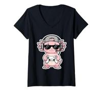 Women's Funny Axolotl Gamer Tee Gaming Headset Gamepad Video Games V-Neck T-Shirt