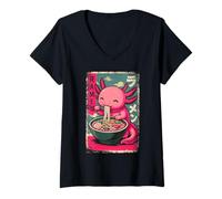 Womens Funny Axolotl Noodle Anime Kawaii Axolotl Eating Ramen Cute V-Neck T-Shirt