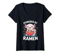 Women's Funny Axolotl Powered by Ramen Noodle Lover V-Neck T-Shirt