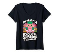 Womens Funny Axolotl Questions 1st Grade Back to School Bookworm V-Neck T-Shirt