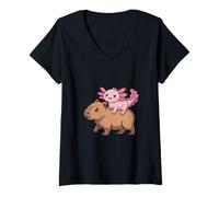 Women's Funny Axolotl Riding Capybara Silly Animal Duo V-Neck T-Shirt