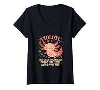Womens Funny Axolotl The Only Roommate Who Smiles While You Cry V-Neck T-Shirt