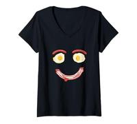 Womens Funny Bacon Egg Sausage Breakfast Happy Smile Humor Foodie V-Neck T-Shirt