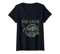 Womens Funny Bad Gator with Rifle and Cigar Alligator Cartoon V-Neck T-Shirt