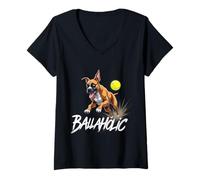 Womens Funny Ballaholic Boxer Dog Chasing Ball V-Neck T-Shirt