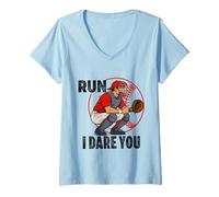 Womens Funny Baseball Catcher Run I Dare You Backstop Battery mate V-Neck T-Shirt