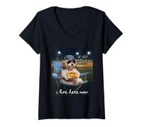 Women's Funny Baseball Mom Lhasa Apso I Live Here Now V-Neck T-Shirt