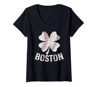 Womens Funny Baseball Shamrock Lucky Clover Boston St Patrick's Day V-Neck T-Shirt